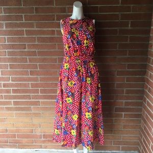 Vintage 90s Tie Open Back Dot Floral Midi Dress L